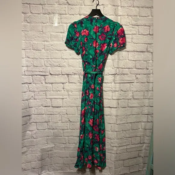 Zara Green / Pink Floral Midi / Maxi Dresx with Slit and Puff Cap Sleeves Size M