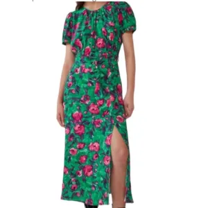 Zara Green / Pink Floral Midi / Maxi Dresx with Slit and Puff Cap Sleeves Size M