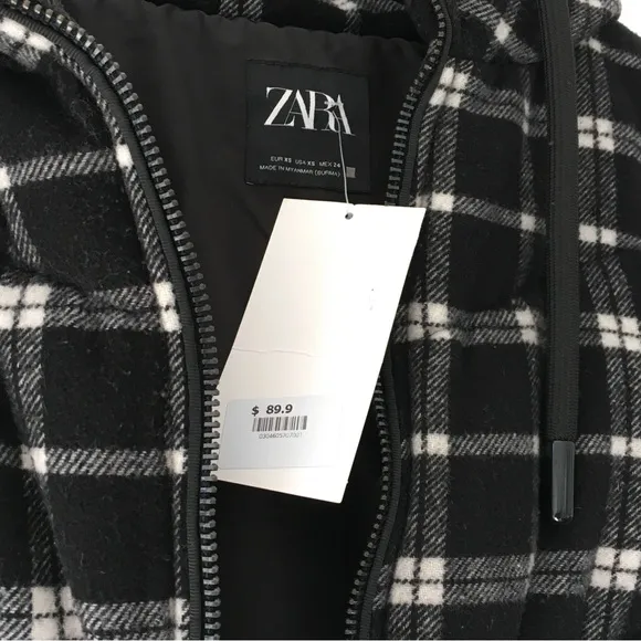 Zara Oversized NWT Plaid Quilted Hooded Puffer Vest | XS