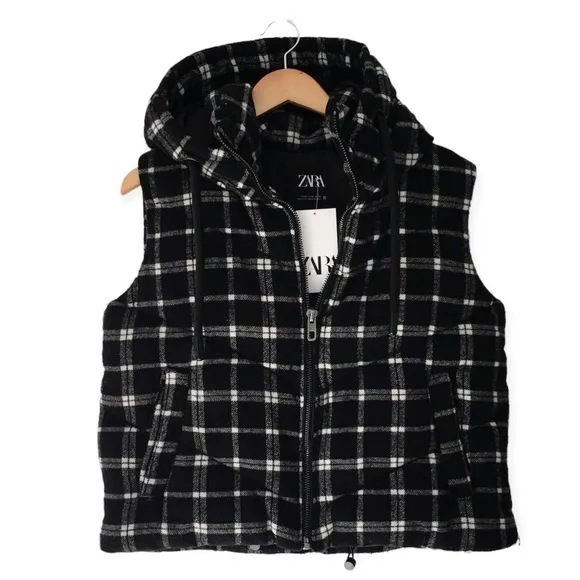 Zara Oversized NWT Plaid Quilted Hooded Puffer Vest | XS