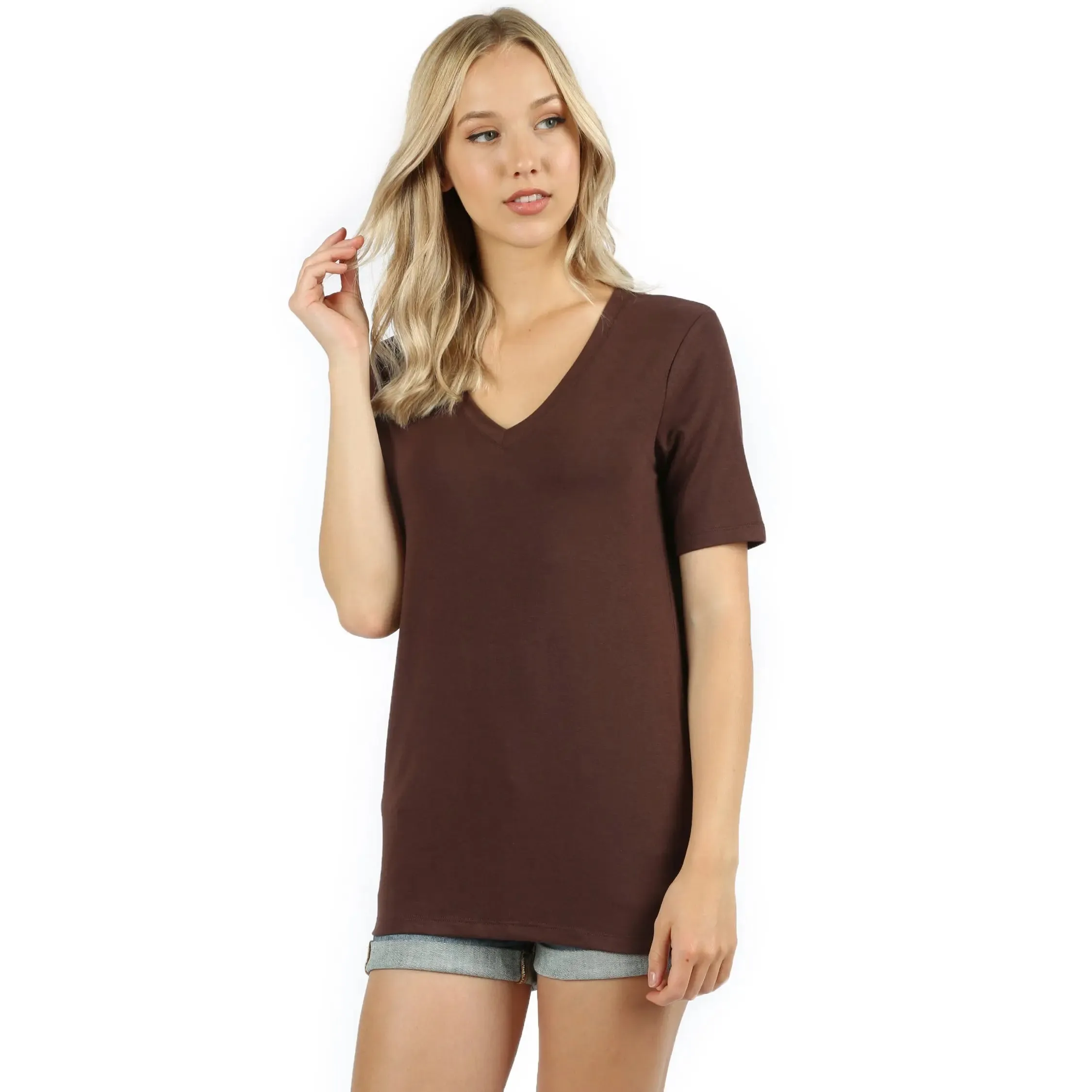 Zenana Premium Fabric Short Sleeve V-Neck Tee  AMERICANO RT-2109XP